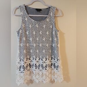 Tribal White Crochet Overlay Tank with Striped Lining